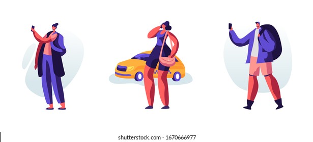 Set of Young People with Luggage Stand on Street Calling or Using Mobile App for Ordering Taxi. Customer Characters Waiting Car Outdoors. Cabbie Driver Coming for Order. Cartoon Vector Illustration