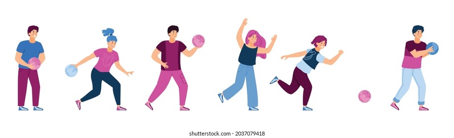 Set of young people making bowling throw, flat cartoon vector illustration isolated on white background. Collection of bowling or kegling players characters.