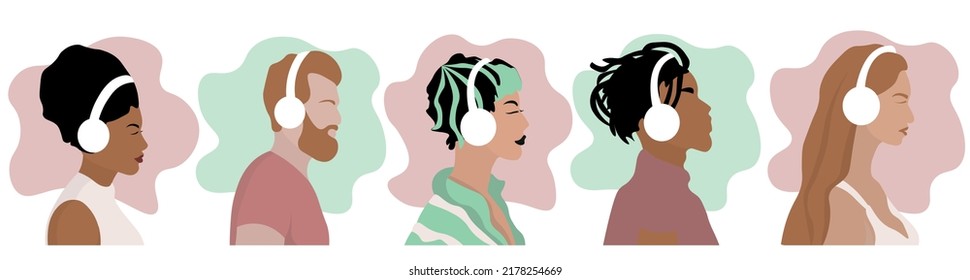 Set of young people with modern headphones on white background