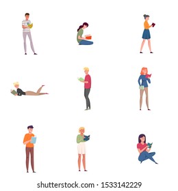 A set of young people reading books in different poses. Vector illustration in flat cartoon style.