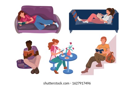 Set of young people reading books in different poses. Vector illustration in flat cartoon style.