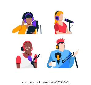 Set of young people recording a podcast. Women and men in a recording studio, painted in flat style. Vector illustration of people of different races.