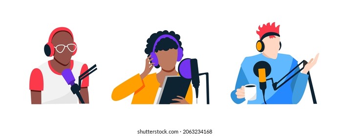 Set of young people recording a podcast. Women and men in a recording studio, painted in flat style. Vector illustration of people of different races.