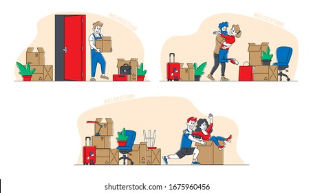 Set of Young People Relocation and Moving to New House. Family Couple Characters Hugging and Dancing in New Home with Unpacked Cardboard Boxes. Man and Woman Fooling. Linear People Vector Illustration