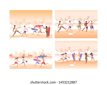 Set of young people resting on beach. Flat cartoon characters dancing, playing football on sand in summer. Can be used for presentation, application, placard