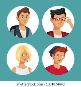 Set of young people in round icons