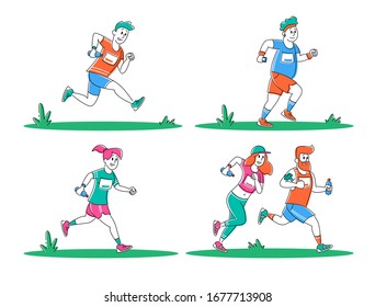 Set of Young People Running City Marathon Distance. Sport and Jogging Exercise, Competition Tournament. Athlete Sprinter Sportsmen Sportswomen Characters Run Sprint Race. Linear Vector Illustration