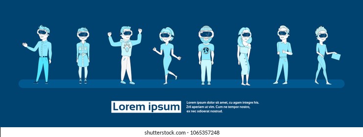 Set Of Young People Silhouette Wearing 3d Virtual Reality Glasses Modern Vr Technology Concept