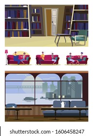 Set of young people sitting on couches. Flat vector illustrations of quarreling, talking, recovering. Leisure and home recreation concept for banner, website design or landing web page