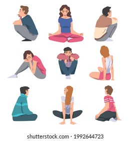 Set of Young People Sitting on Floor in Different Poses Cartoon Vector Illustration