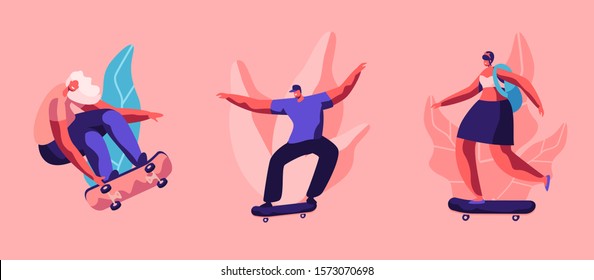 Set of Young People Skating Longboard in City Park. Skater Hipster Boys and Girls Freedom Lifestyle. Urban City Sport, Teenagers Making Stunts and Tricks by Skateboard. Flat Vector Illustration