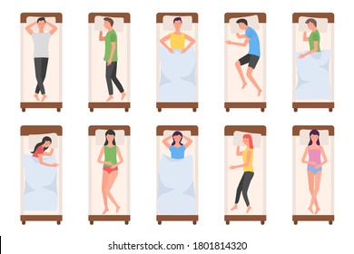 Set of young people sleeping in bed in various poses. Set of cartoon character lying in different poses during night sleep. Man sleeping poses. View from above. Vector illustration, eps 10.