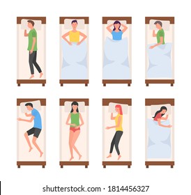 Set of young people sleeping in bed in various poses. Set of cartoon character lying in different poses during night sleep. Man sleeping poses. View from above. Vector illustration, eps 10.