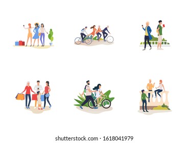 Set of young people spending time with friends. Flat vector illustrations of women shopping, friends riding bicycle, taking selfie. Leisure concept for banner, website design or landing web page