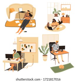 Set of young people spending time at home, male and female characters using laptops for work or relaxation. Depressed woman listening to music, man working online at working place, vector in flat