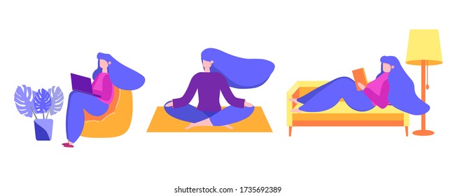 A set of young people. Staying at home, and doing different things. A woman is resting, lying on a sofa and reading a book. Does yoga, sits in a lotus, meditates. Girl works at a computer, remotely, f