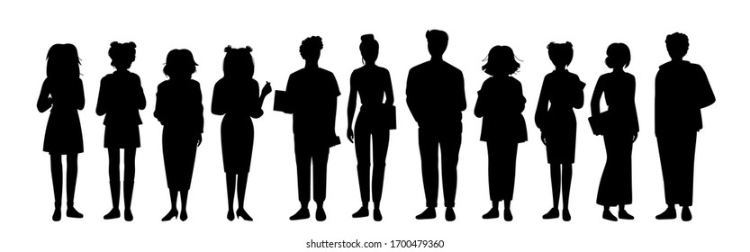 Set young people student black flat silhouette set. Monochrome group man womans casual clothes laptop, smartphone. Different nations representatives, gadgets in hand. Isolated vector illustration