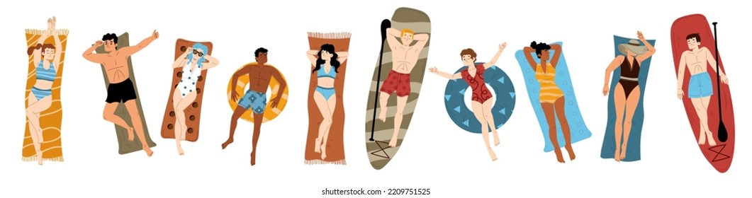 Set of young people sunbathing isolated on white background. Flat vector illustration of relaxed men and women lying on beach towel and surfboard, getting suntanned, enjoying summer vacation rest