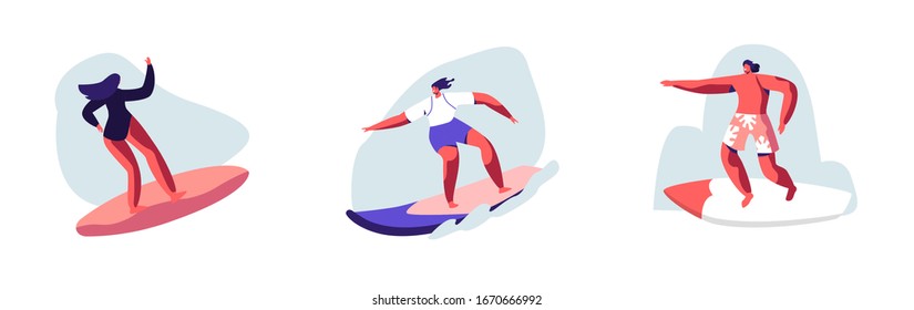 Set of Young People Surfing Recreation. Man and Woman Surfers Characters in Swim Wear Riding Big Sea Waves on Surf Board. Summertime Activity, Healthy Lifestyle, Vacation. Cartoon Vector Illustration