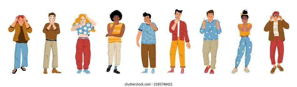 Set Of Young People With Surprised Face Expressions On White Background. Flat Vector Characters Collection Astonished Men, Women With Open Mouths And Excited Reaction. Wow Effect Emotions Amazing News