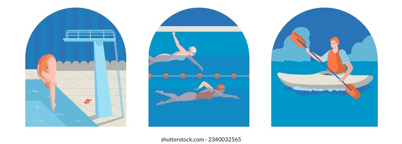 Set of young people in swimming pool. Woman in swimsuit performs jump. Swimmers swim at speed in pool. Male swims in kayak. Swimming sports concept. Flat vector illustration in cartoon style