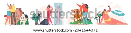 Set of Young People Taking Selfie Concept. Happy Male and Female Characters Shoot Photo during Summer Vacation on Beach, Training in Gym, Man with Cow, Couple at New House. Cartoon Vector Illustration