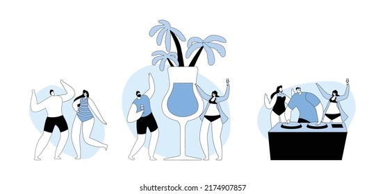 Set Young People, Teenagers Dancing and Drinking Cocktails on Seaside at Summer Time Beach Party with DJ Playing Modern Music at Tropical Landscape with Palm Trees. Linear Flat Vector Illustration