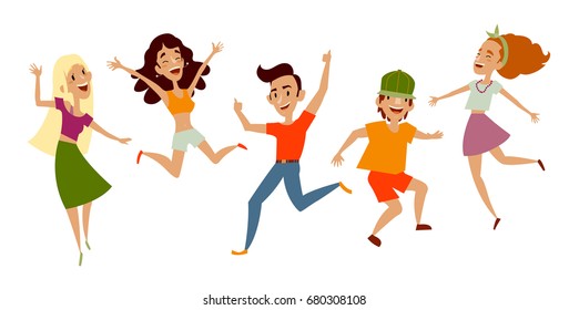 Set of young people, teenagers dancing, having fun, cartoon vector illustration isolated on white background. Young people, teenage boys and girls dancing happily at disco party