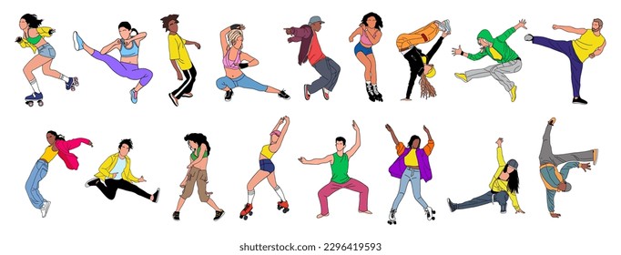 Set of young people, teenagers performing different activities, dancing hip hop, breakdance, roller skating, exercising martial arts. Outline cartoon vector drawings isolated on white background