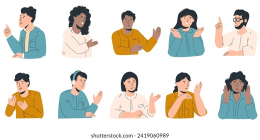 Set of young people telling stories using gestures. They explain something. Vector illustration in modern style.