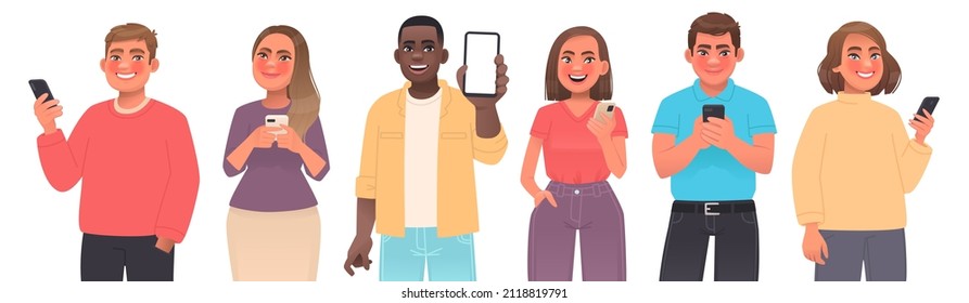 Set of young people use phones. Men and women hold a smartphone in their hands, communication on the Internet, chat social networks. Characters for mobile app advertising. Vector illustration