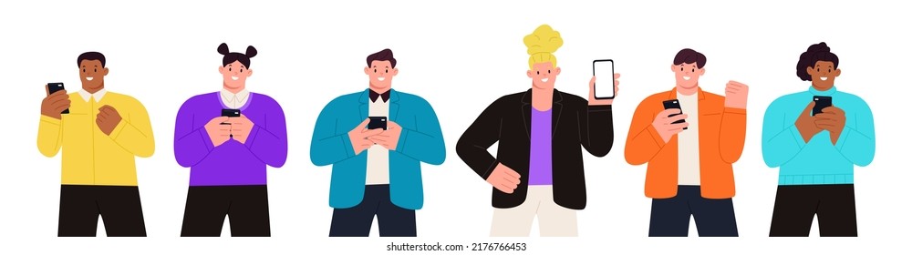 Set of young people use phones. Men and women hold a smartphone in their hands, communication on the Internet, chat social networks. Vector illustration
