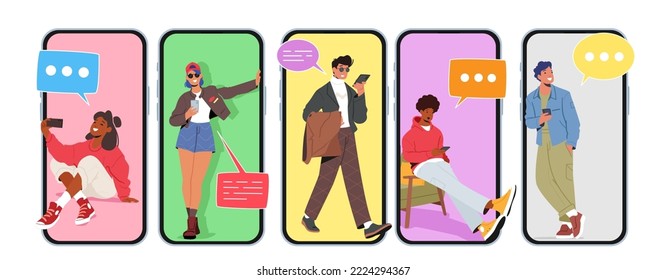 Set Young People use Smartphones, Chatting, Making Selfie. Male and Female Characters Call and Send Messages. Happy Teen Boys and Girls Talking and Typing on Mobile Phone. Cartoon Vector Illustration