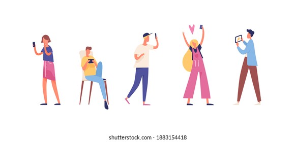 Set of young people using smartphone and tablet vector flat illustration. Collection of trendy teenagers surfing internet, watching video, taking selfie, having a video call isolated on white