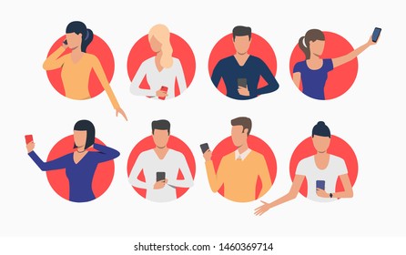Set of young people using smartphones. Flat cartoon characters in red rounds. Vector illustration for presentation, collection of stickers for website, mobile app