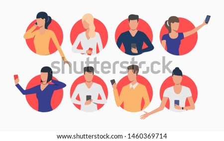 Set of young people using smartphones. Flat cartoon characters in red rounds. Vector illustration for presentation, collection of stickers for website, mobile app