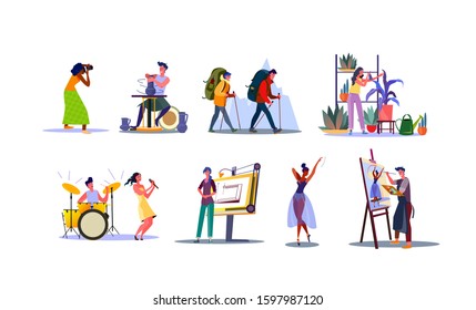 Set of young people with various professions. Flat vector illustrations of photographer, potter, florist, singer, architect. Work specialisation concept for banner, website design or landing web page