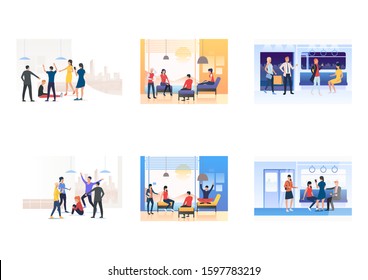 Set of young people in various situations. Flat vector illustrations of people at public transport, bullying. Communication, transportation concept for banner, website design or landing web page