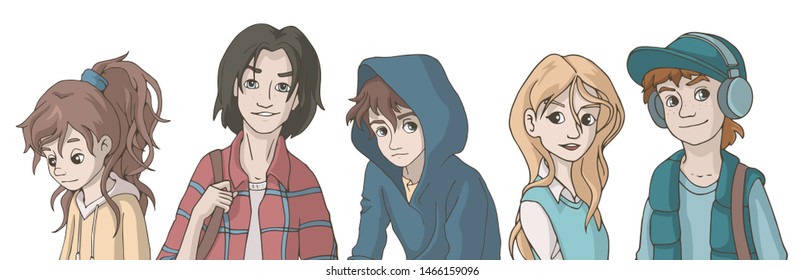 Set of young people. Vector illustration. Isolated objects on white background. Teenager's life.