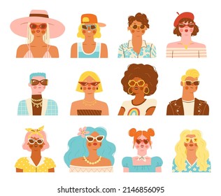 Grupo de jóvenes con gafas de sol. Ilustración vectorial de avatares masculinos y femeninos elegantes en estilo retro moderno. Retratos de personajes con accesorios de moda sobre fondo blanco.