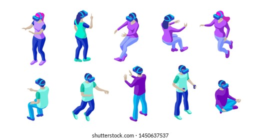 Set of young people wearing vr helmets. Young men and women interact with invisible virtual objects. Isometric characters. Isolated on white background. Design element for web page, mobile app etc.