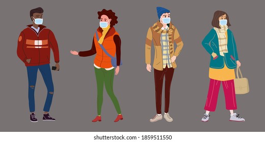 Set Young people womans mans back and white in modern autumn trendy clothes. In medical mask, individual protection from viruses, smog, vapor. Fashion casual outerwear street style character. Flat