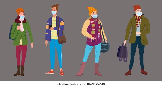 Set Young people womans mans in modern autumn trendy clothes. In medical mask, individual protection from viruses, smog, vapor. Fashion casual outerwear street style character. Flat cartoon style
