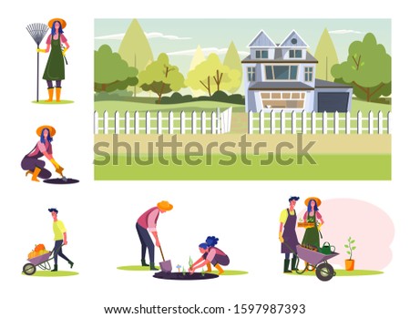 Set of young people working at orchard. Flat vector illustrations of young people planting, watering plants, gazering harvest. Own farm concept for banner, website design or landing web page