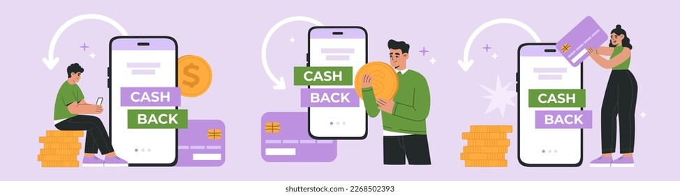 Set of young peoples receives cashback from online payment. Concept of Internet transaction, refund and saving money. Hand drawn vector illustration isolated on purple background, flat cartoon style.