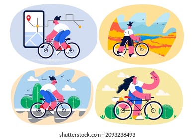 Set of young person enjoy outdoor summer activity riding bicycle on leisure . People have fun relax outside ride bike do sports involved in physical activity. Summer hobby. Flat vector illustration. 