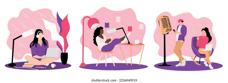 Set of young podcasters with microphones on white background