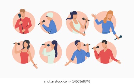 Set of young pop singers with microphones. Flat cartoon characters in beige rounds. Vector illustration for banner, promotion of young stars, advertising poster