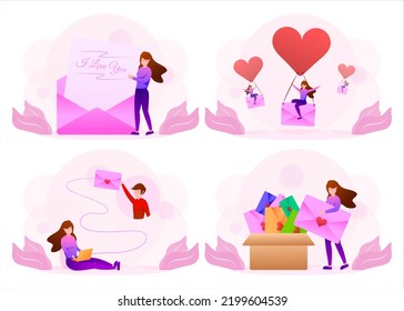 Set of young postman in uniform working with letter and parcel, drawing in cartoon character, vector illustration