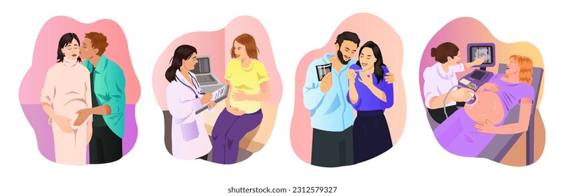 Set of young pregnant woman with husband. Pregnancy family couple in clinic or hospital. Happy healthy motherhood. Colorful cartoon image. Analyses in medical clinics at doctor. Vector illustration